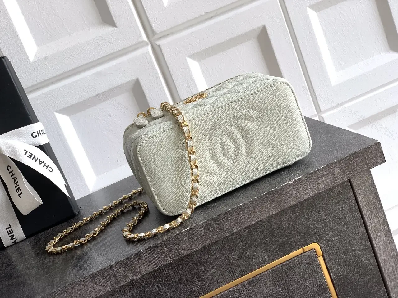 View 7 of mint green quilted leather shoulder bag with gold chain and logo charm