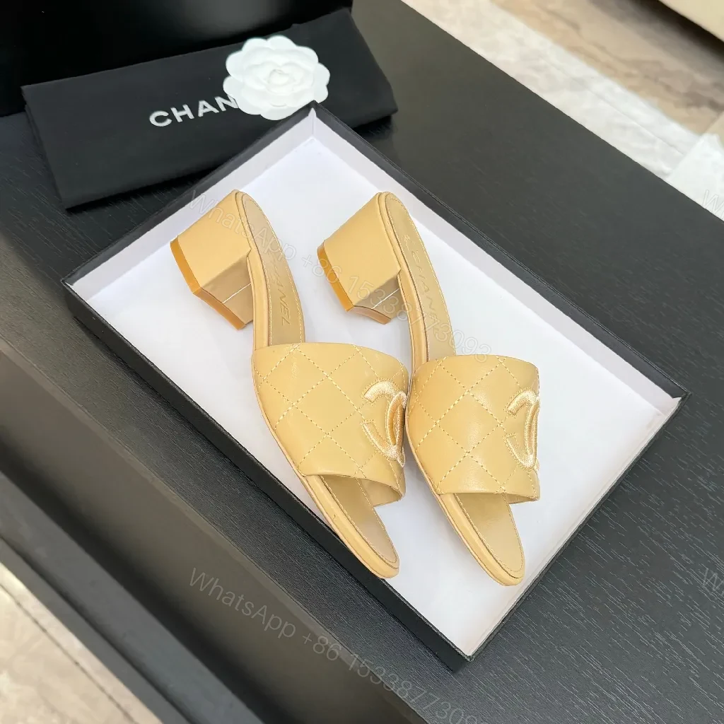 View 3 of Quilted Nude Slide with Logo Accent, Mid-Heel, Luxe Style