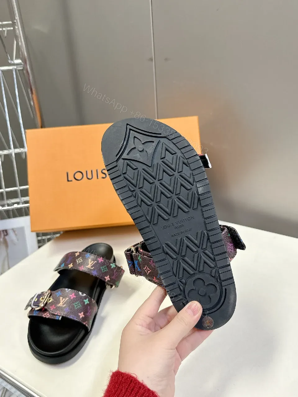 View 4 of Multicolor Monogram Slides with Velcro Straps