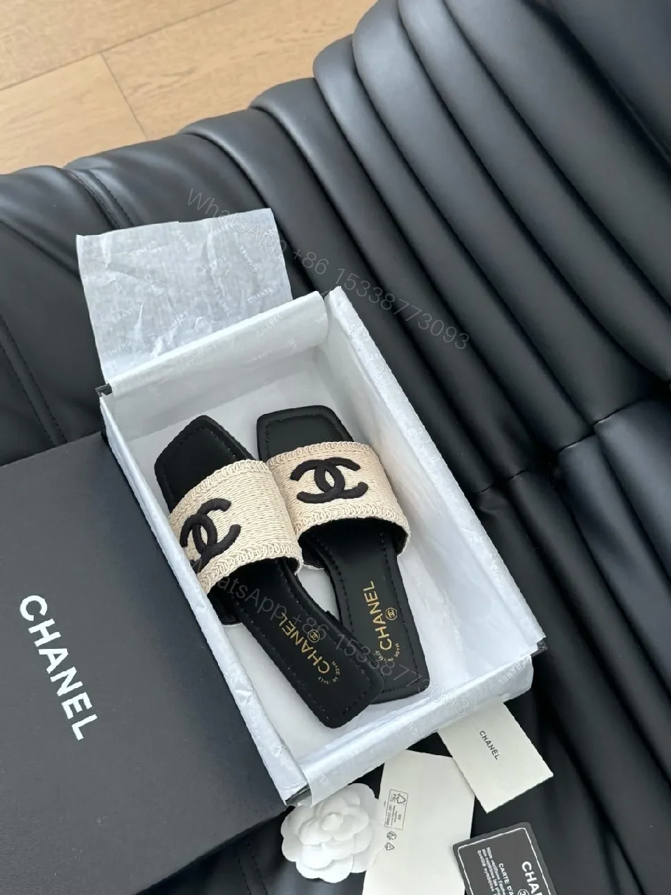 View 6 of Beige Canvas Slides with Interlocking Logo, Luxe-Style Comfort