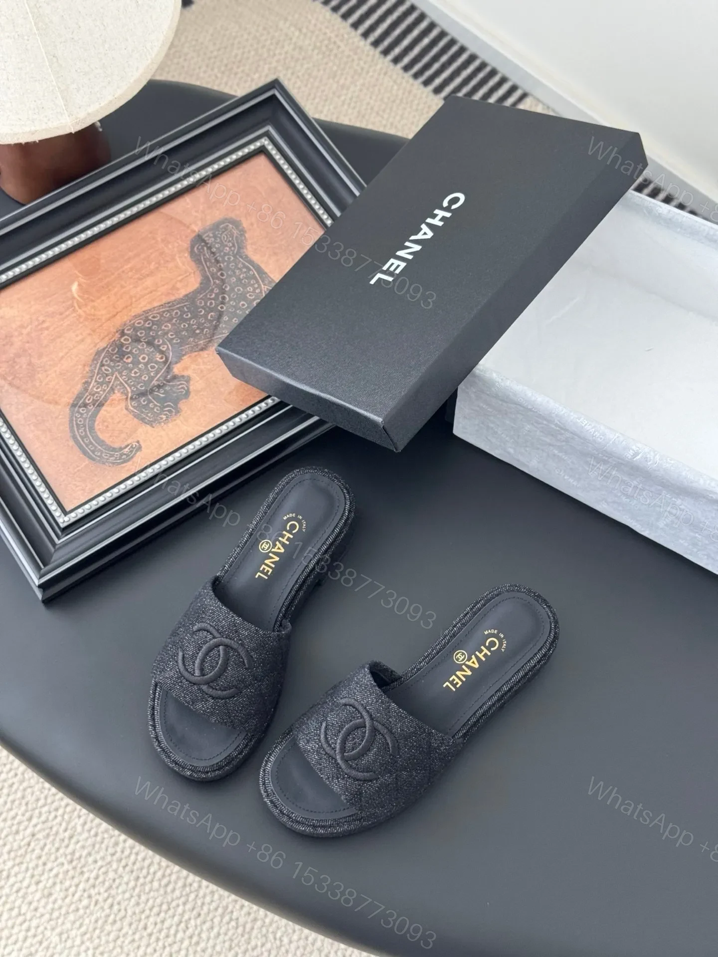 View 5 of Chanel Women Black Fabric Slide Sandals
