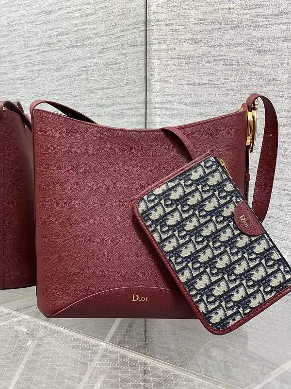 Burgundy Pebbled Leather Handbag, Gold Hardware, Dior Monogram Detachable Cardholder Strap — view 1