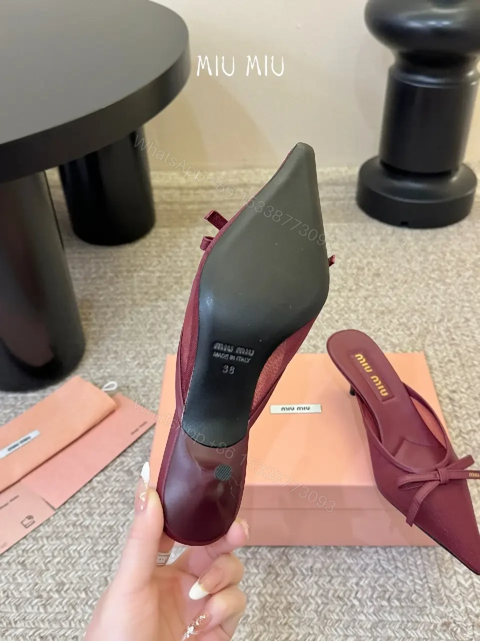View 3 of Elegant Knit Mule with Bow Detail, Pointed Toe, Burgundy