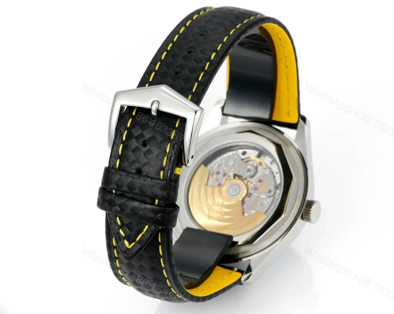 View 9 of Patek Philippe Calatrava Black Dial Stainless Steel Watch with Black Leather Strap Yellow Accents
