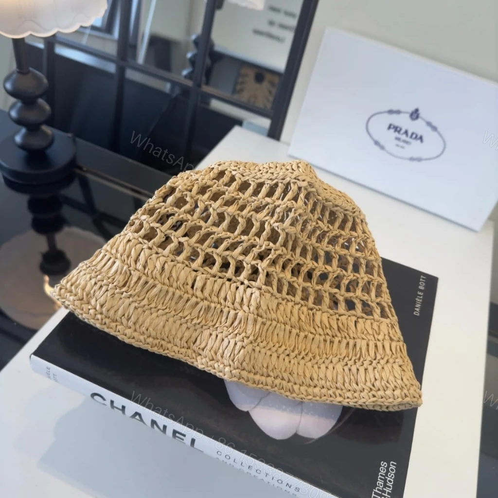 View 4 of Prada Crochet Bucket Hat Raffia Natural