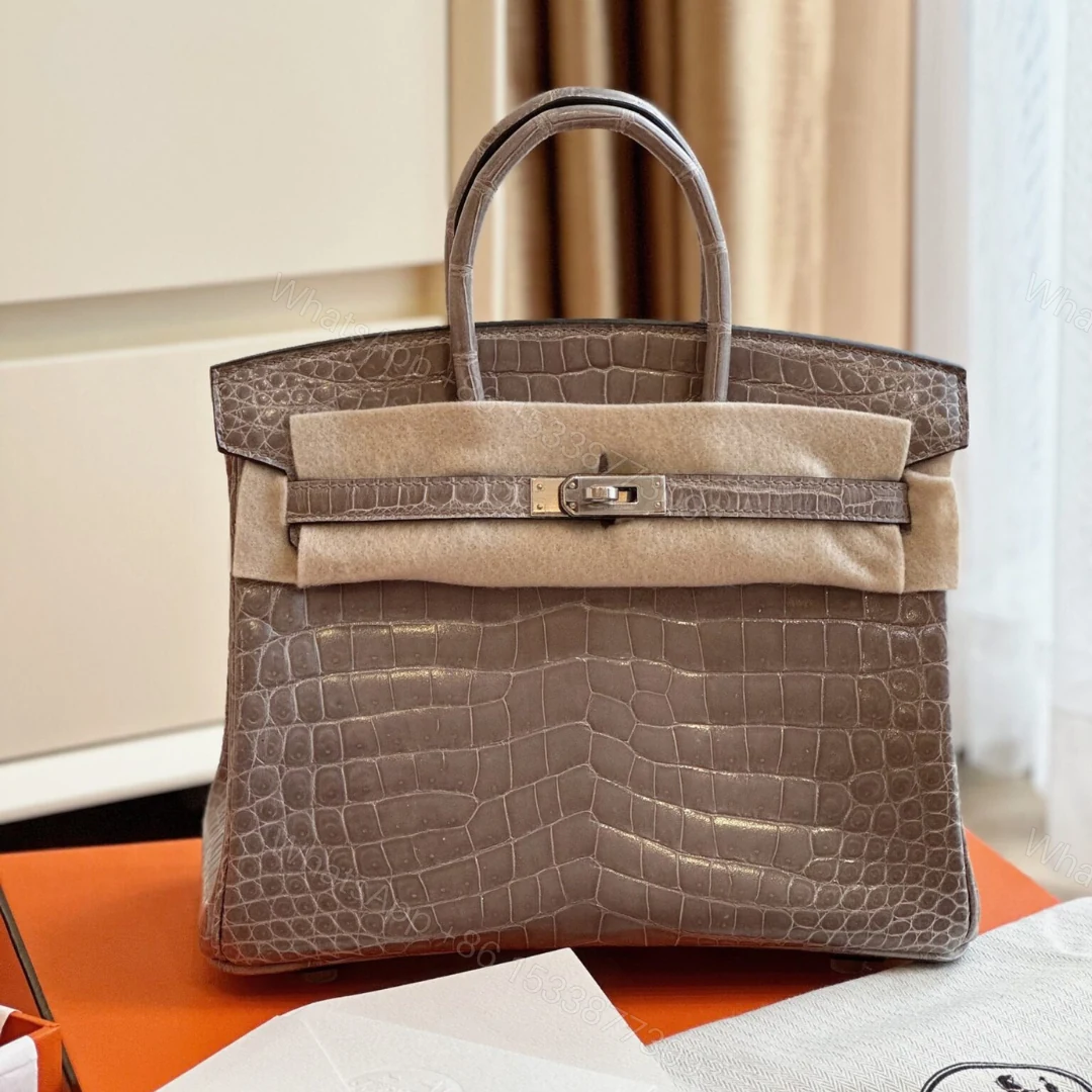 Hermes Etoupe Birkin 25 Porosus Genuine Crocodile Leather Palladium Hardware — view 1