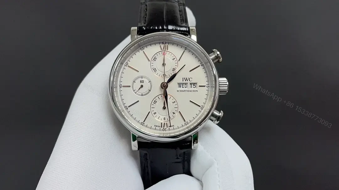 IWC Portofino Chronograph Watch White Dial Black Leather Strap Ultimate 42MM IWC-PORT-CHR-WHT42-BLK — view 1