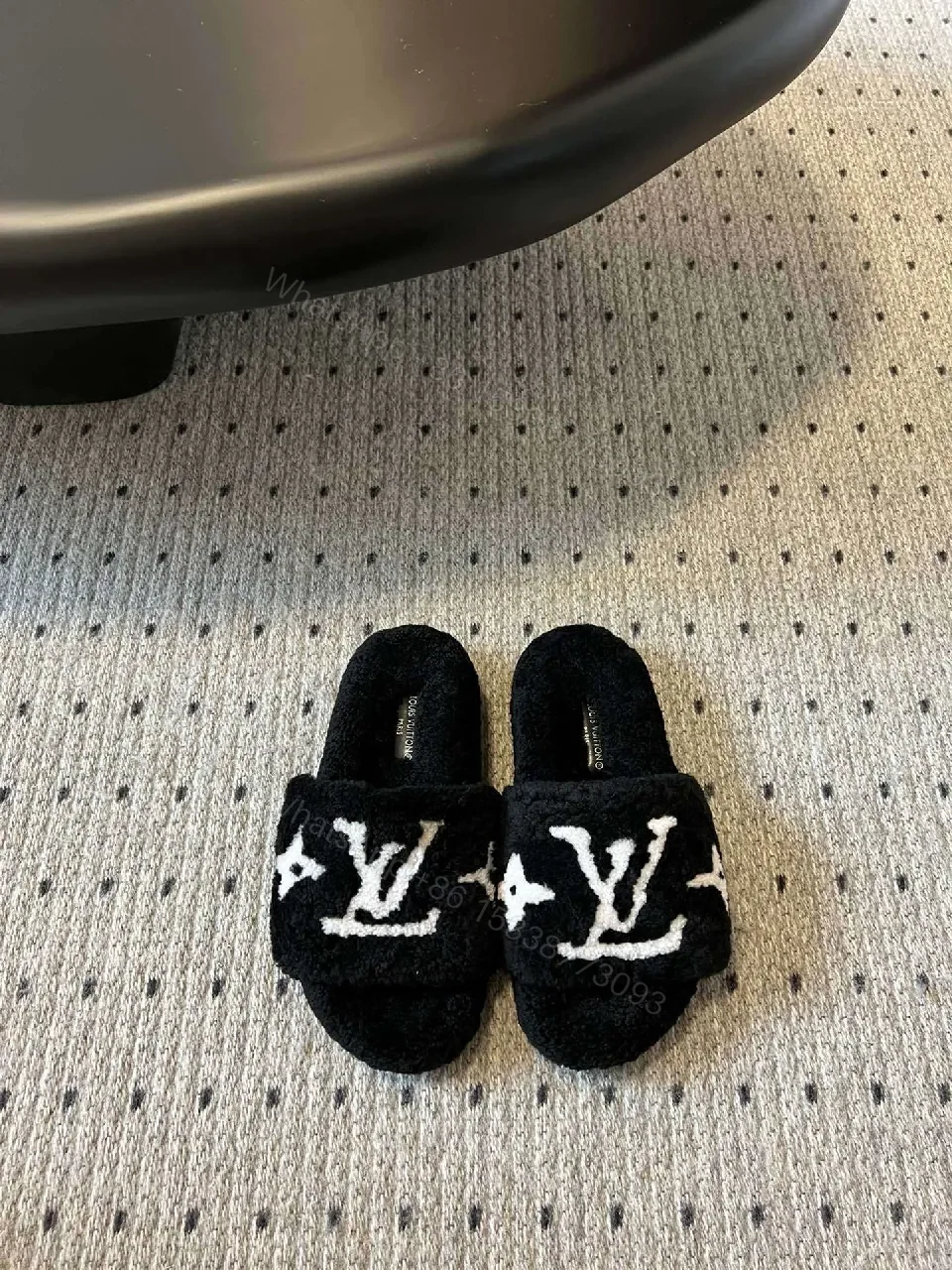 View 4 of Chunky Black Fleece Slides + Monogram Luxe + Open-Back + Plush Comfort + Sliders