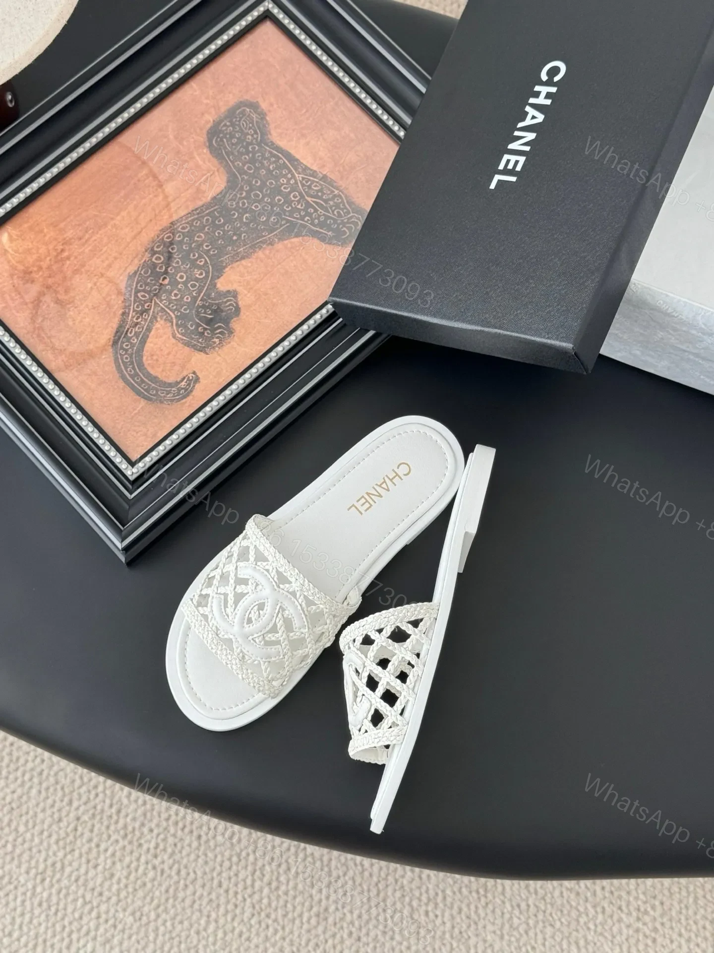 View 3 of Chanel Women White Woven Leather Slides