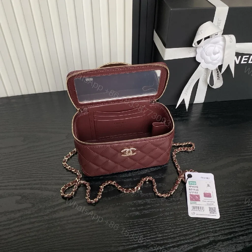 View 2 of Quilted Burgundy Leather Mini Bag - Chain Strap, Gold Hardware