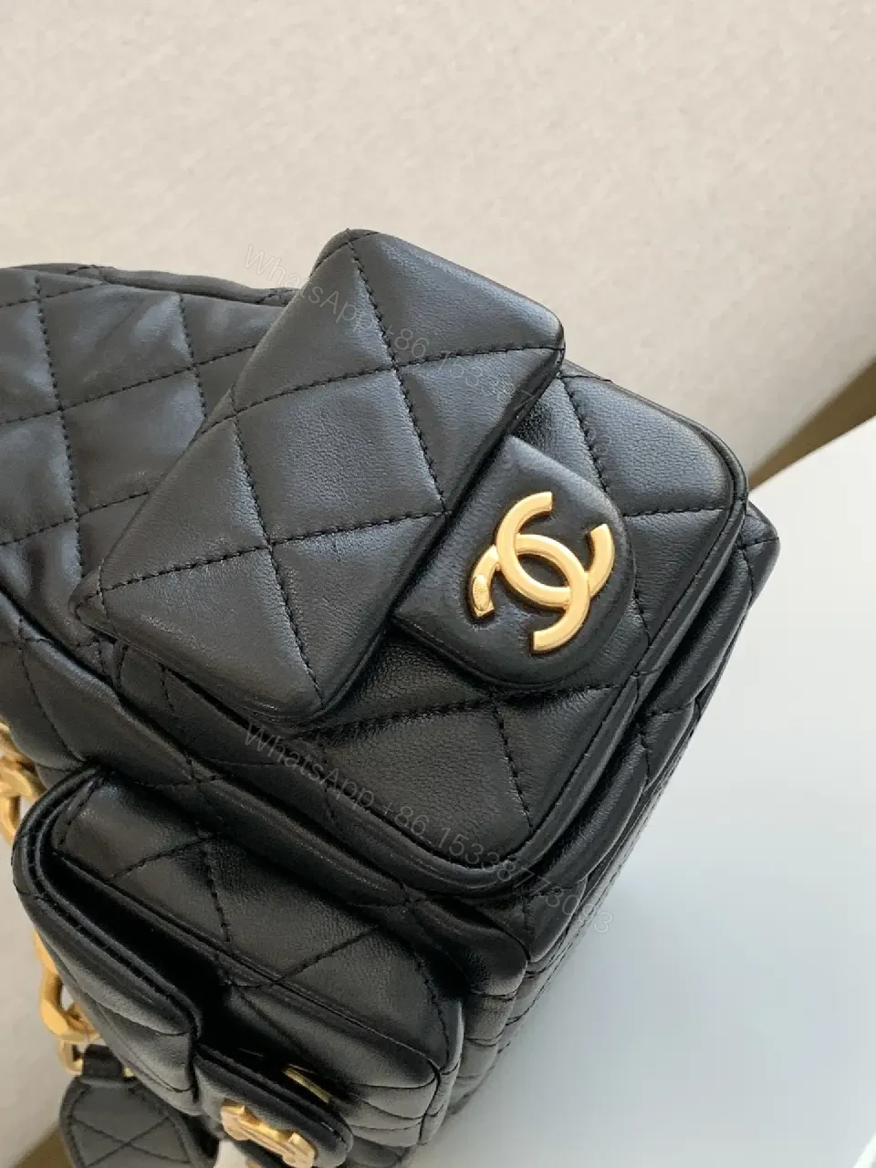 View 5 of Quilted Leather Shoulder Bag with Gold Hardware