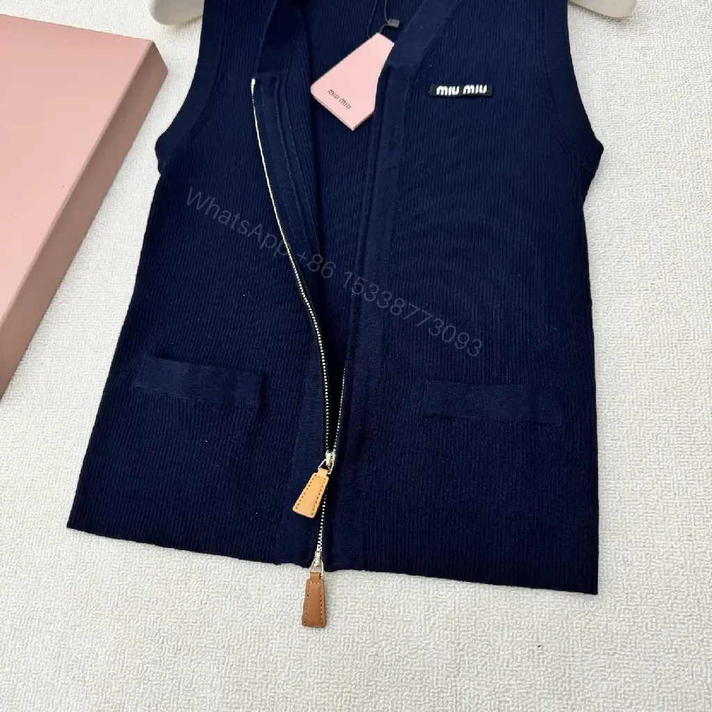 View 6 of Black Velvet Zip Vest with Logo, Miu Miu Style, Simulated Leather Zip Pulls, Vest