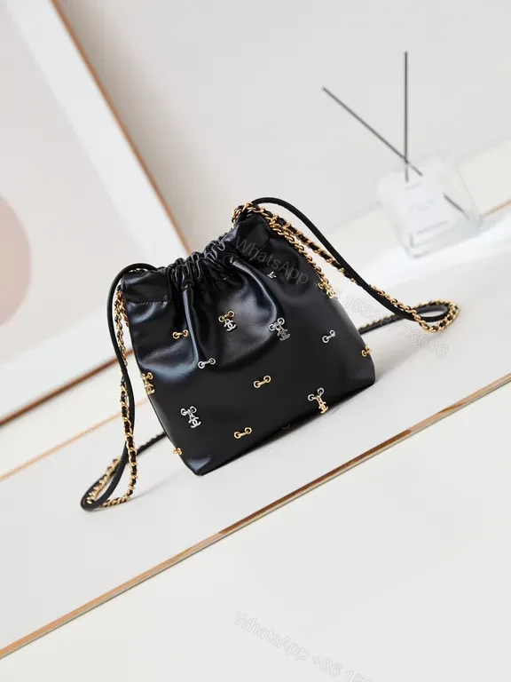 View 5 of Chanel-Inspired Mini Leather Drawstring Bag with Chain Detail