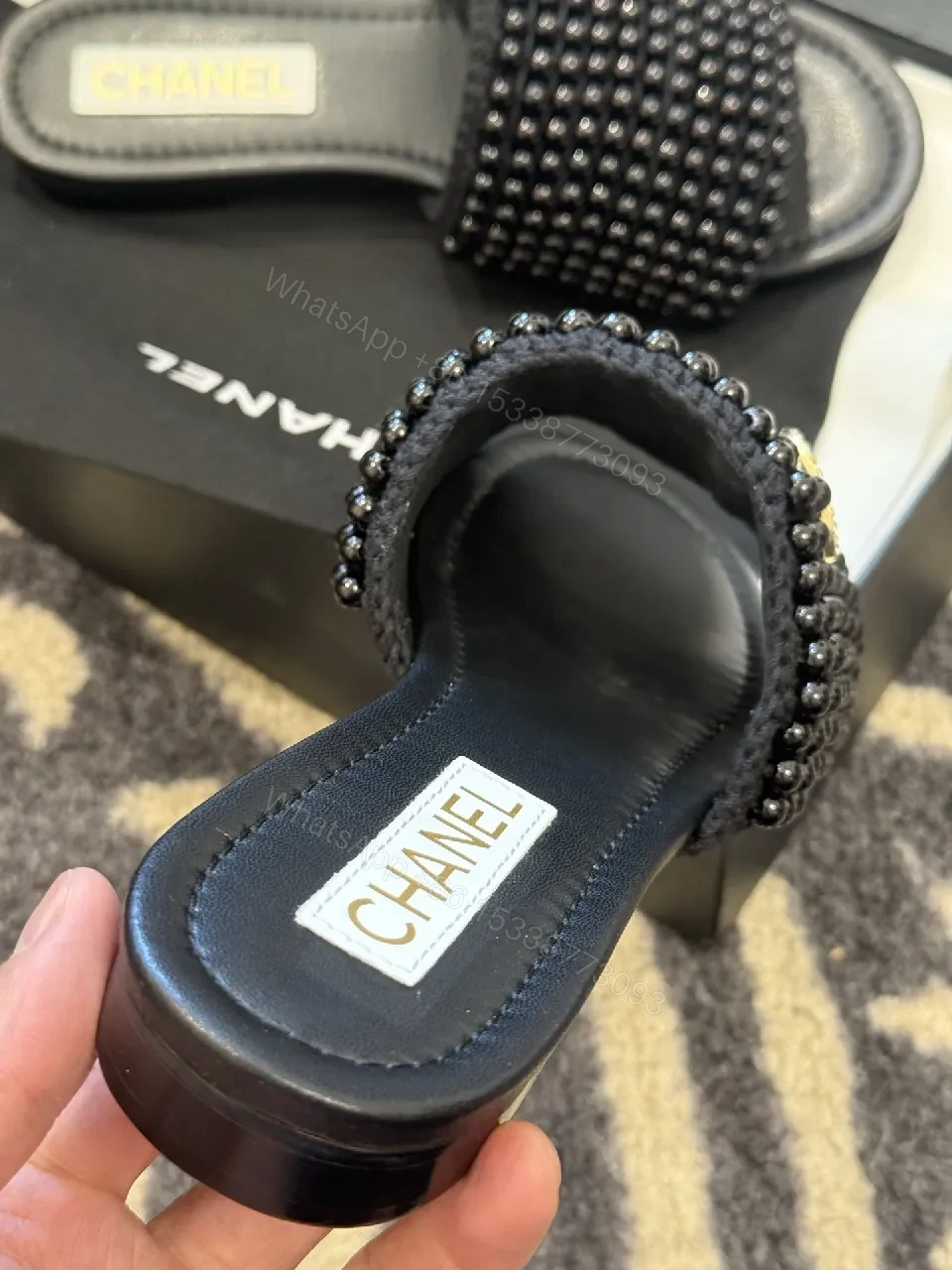 View 5 of Beaded Black Slide Sandals, Luxe-Beam, All-Day Comfort
