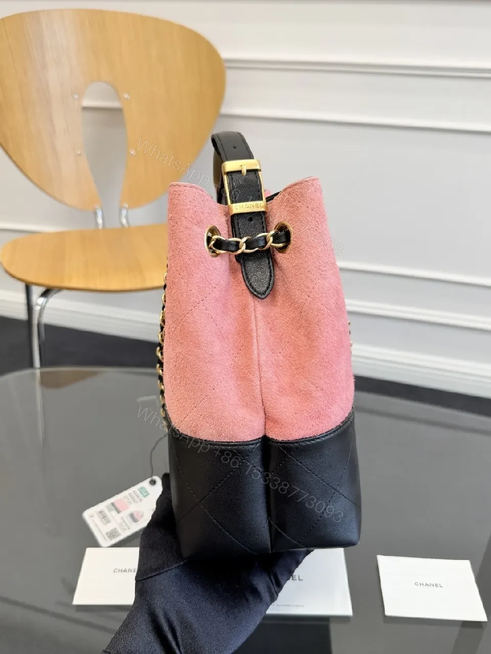 View 9 of Pink Black Quilted Tote with Chain - Modern Luxury Bag