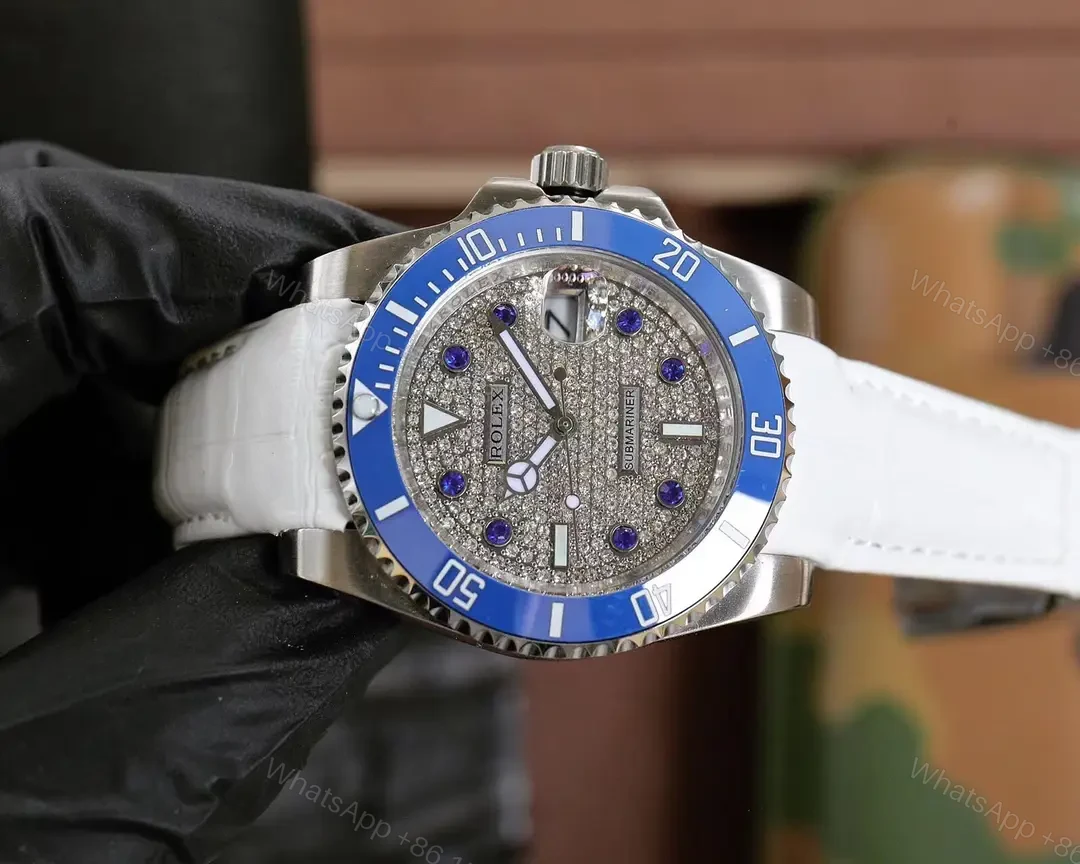 View 4 of Best Rolex Submariner Blue Leather Strap replica 40MM Pave Dial Edition RG-SUBMARINER-BLUE-LEATHER-PAVE-40