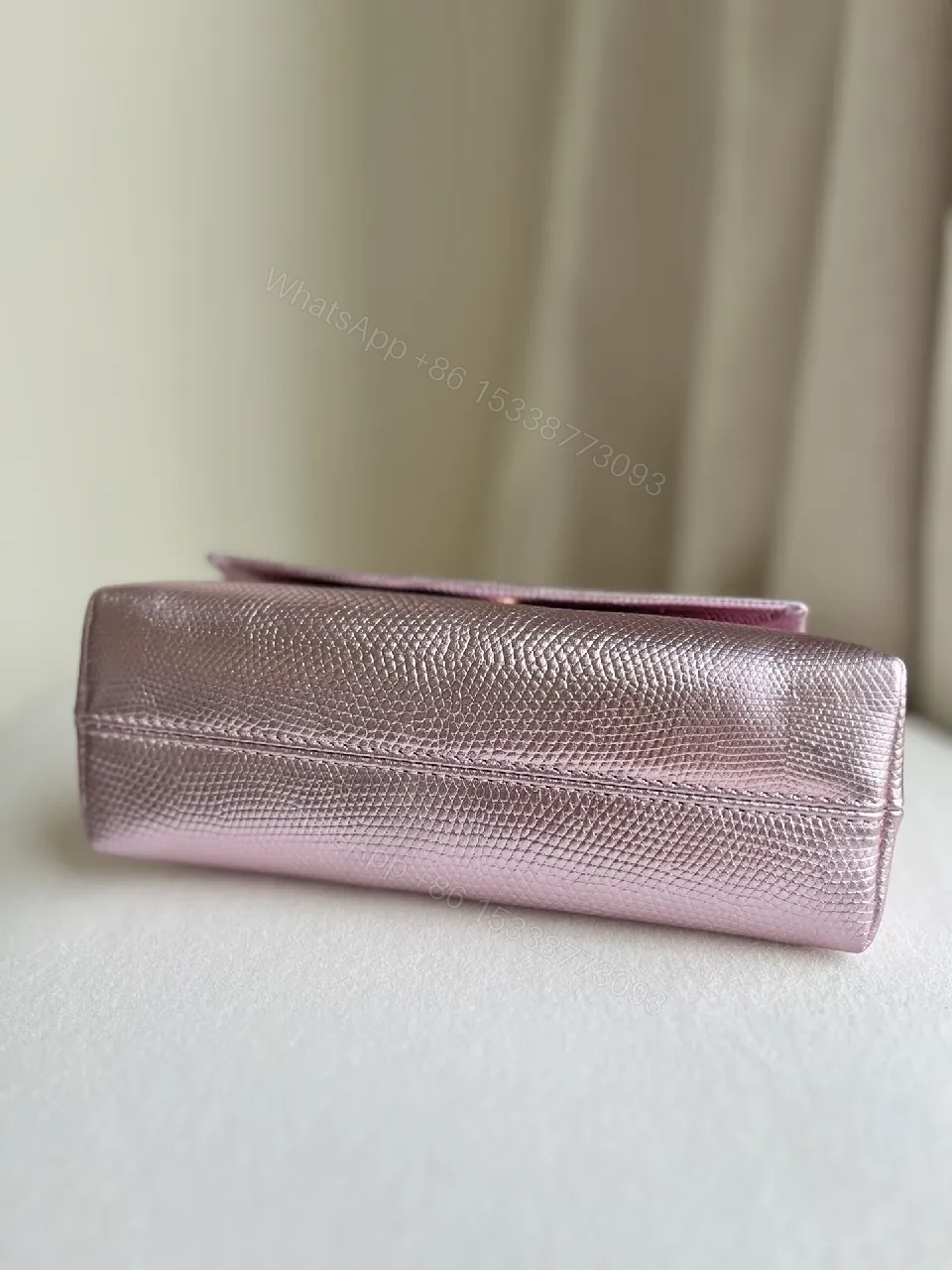 View 7 of Chic Metallic Wallet on Chain: Textured Pink Leather, Gold Chain, Luxury Style, Cardholder Wallet