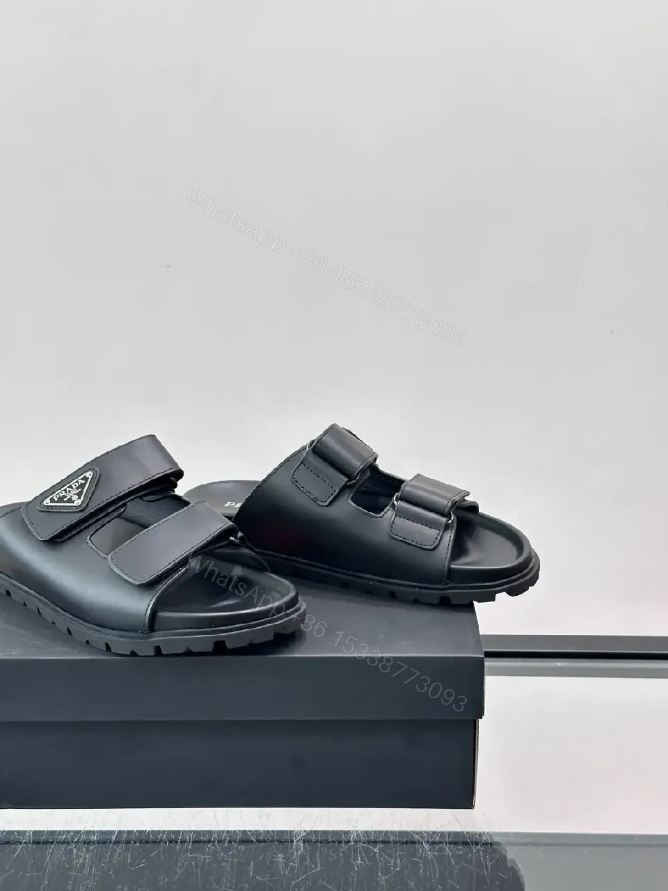 View 4 of Black Leather Sandals, Velcro Straps, Prada-Style Vintage Design Slippers