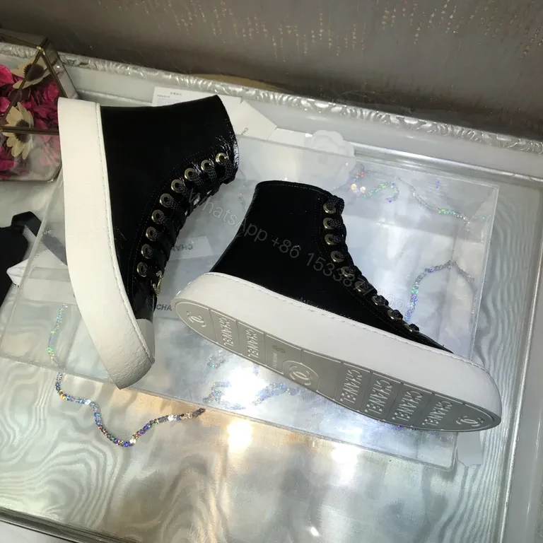 View 5 of Chanel-Inspired Black Patent High-Top Sneakers with Gold Logo