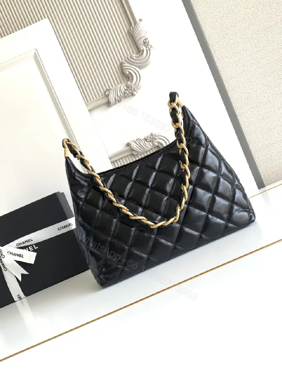 View 3 of Chic Black Quilted Bag with Chain Strap