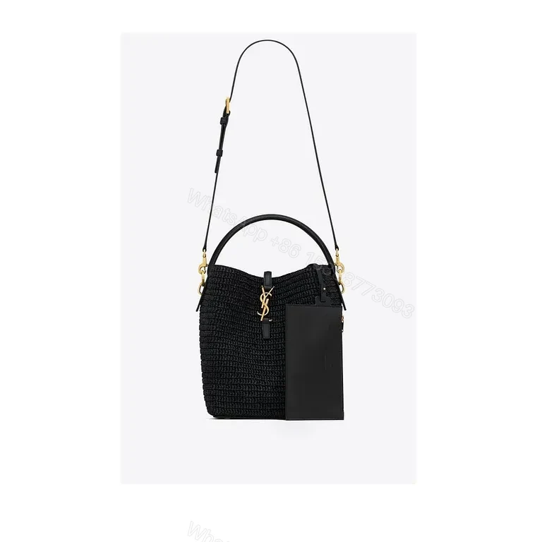 View 2 of Chic Black Woven Bucket Bag with Gold YSL Accent