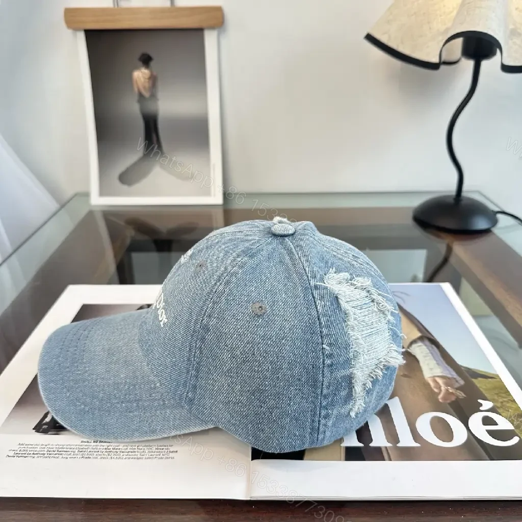 View 5 of Blue Denim Cap Distressed Crown / White Embroidered Text Cap