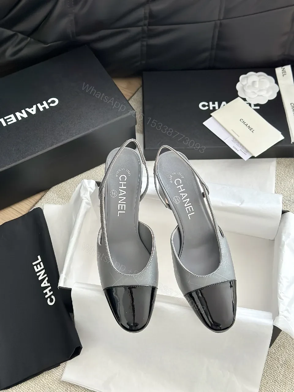 View 5 of Gray Patent-Toe Slingback Heels: Modern Block-Color Comfort