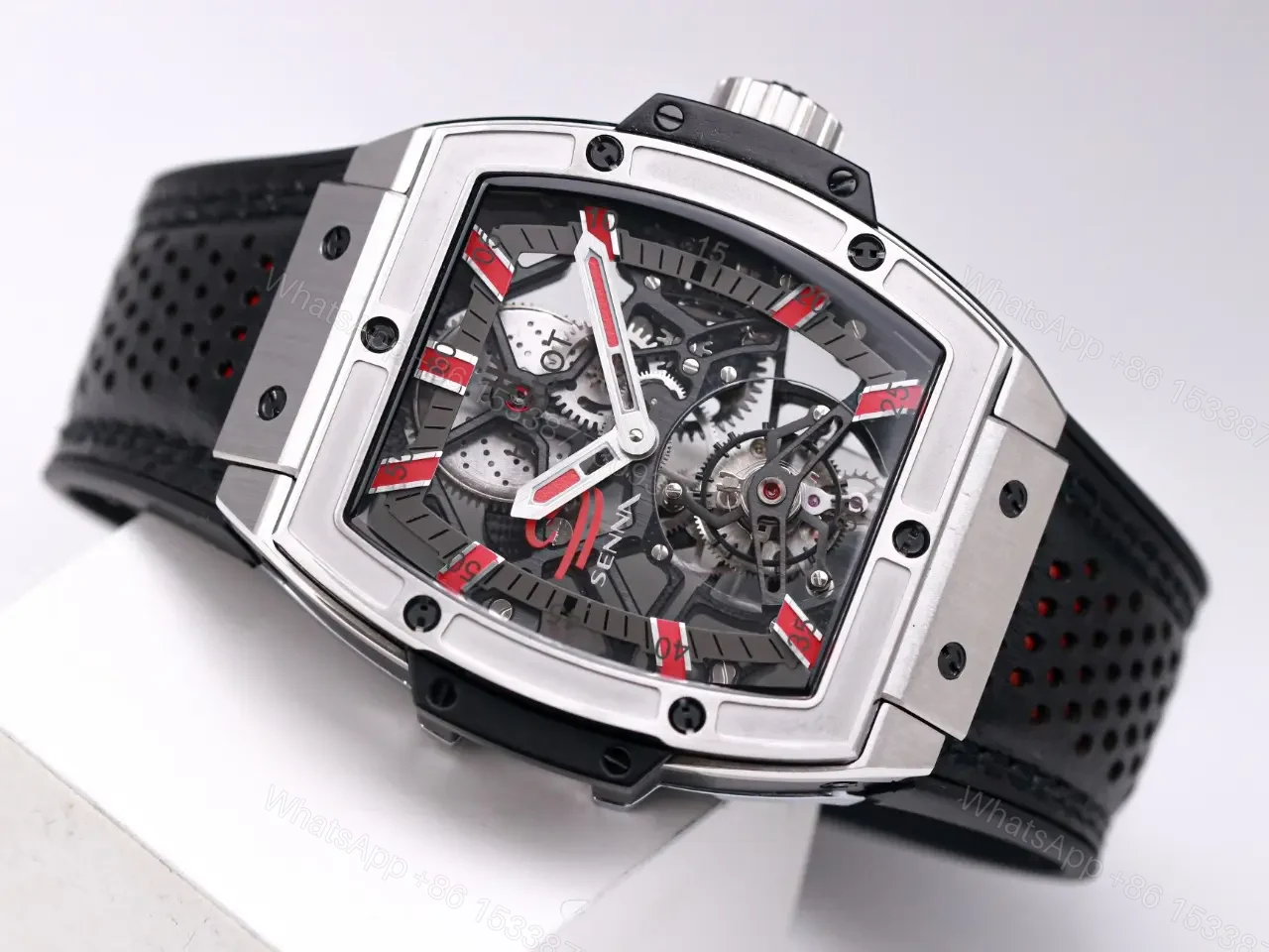 View 4 of Hublot Masterpiece Series 906 Custom Tourbillon Watch Rose Gold/Platinum Black and Red Leather Strap