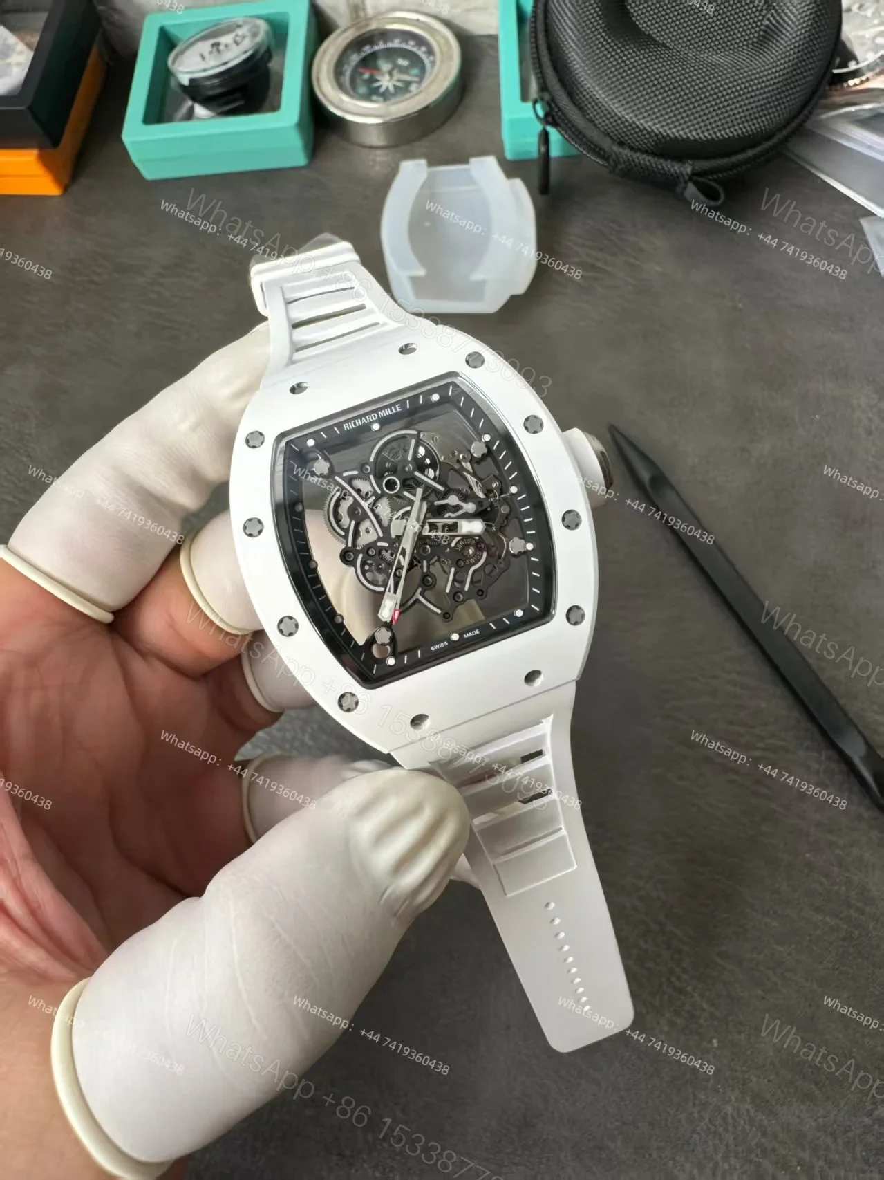 View 8 of Richard Mille RM 055 White Ceramic Skeleton Vaucher Free-Sprung Movement White Rubber Strap Custom Super Clone