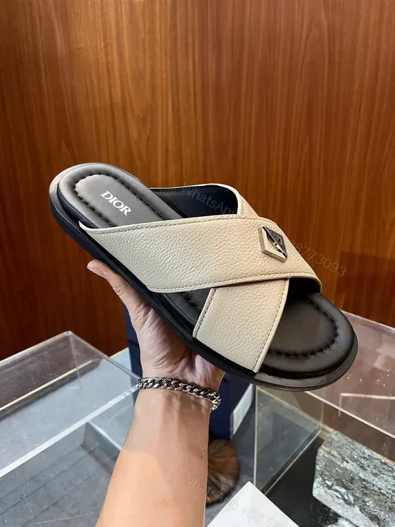 View 5 of Premium Black Leather Slide with Textured Texture + All-Day Comfort Slide