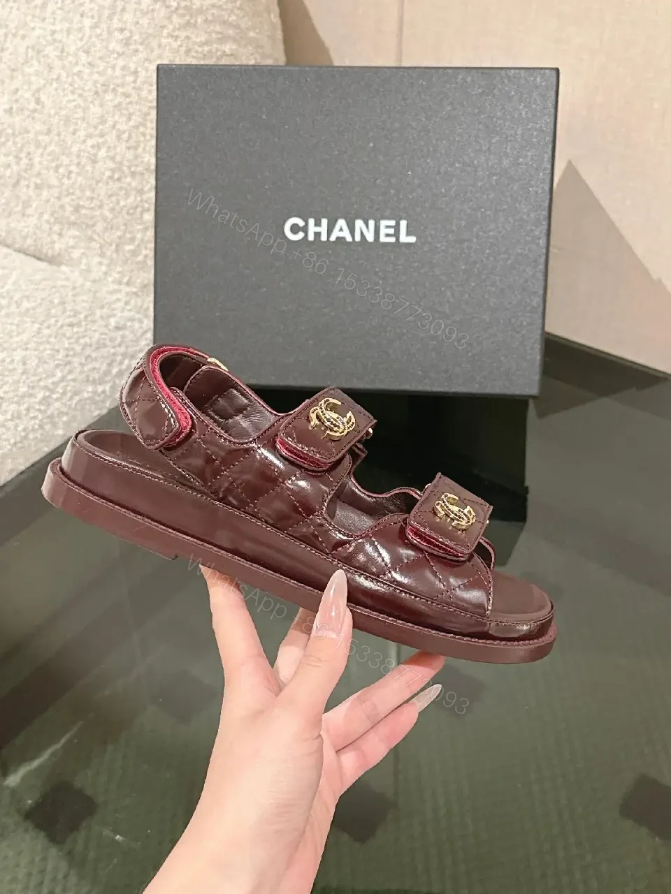View 3 of Velvet Burgundy Sandals with Gold Hardware, Luxe Style