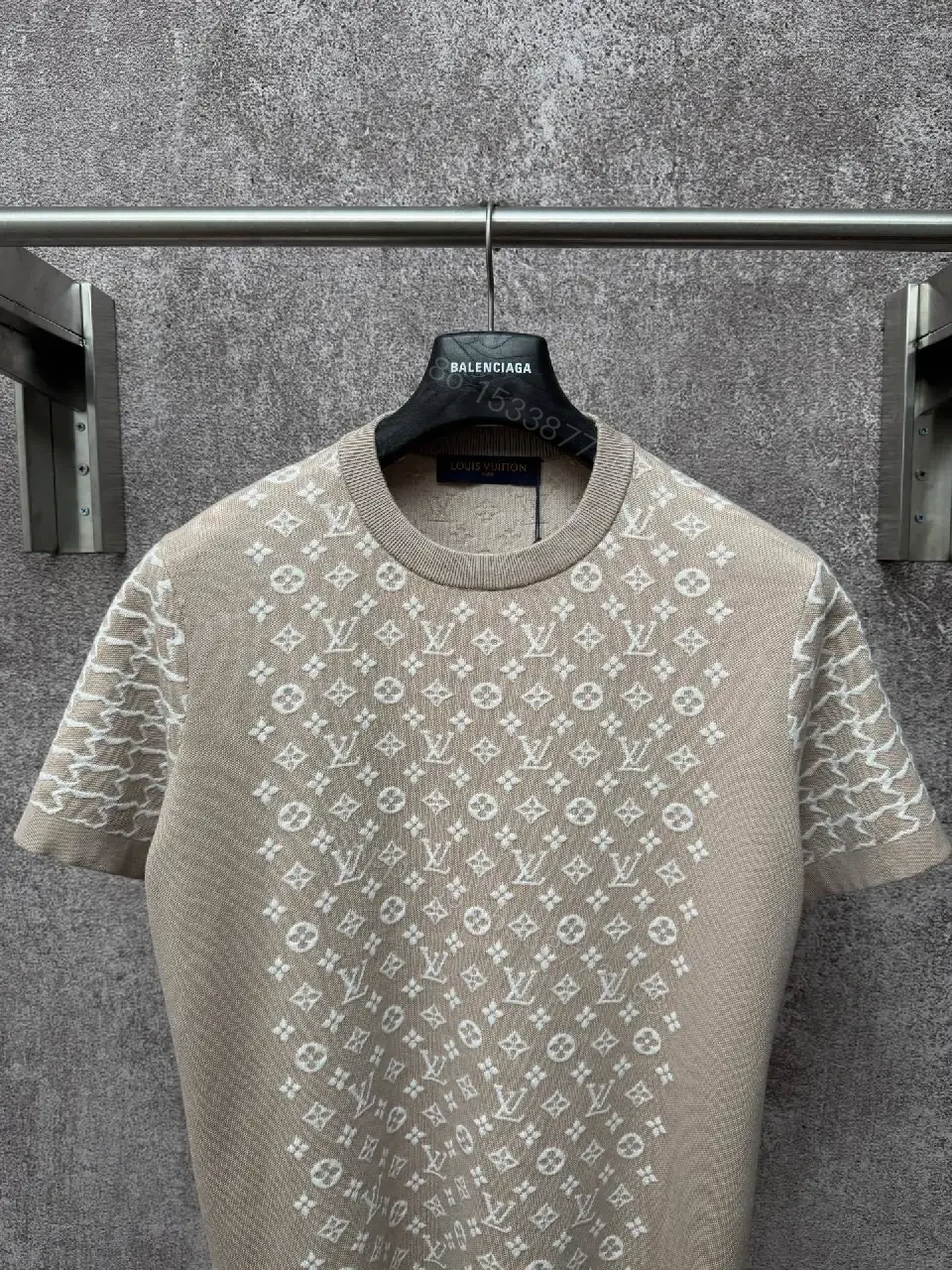 View 6 of Beige Monogram Knit Tee: Subtle Luxury Shirt