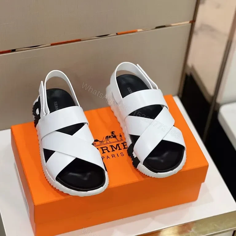 View 9 of White Leather Cross-Strap Platform Sandals - Hermes-Influenced Luxury