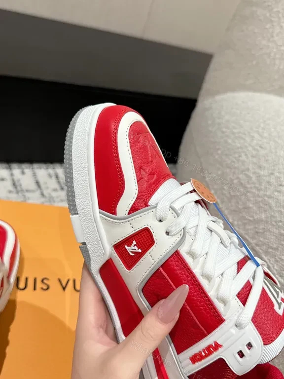 View 7 of Bold Red-White Luxe High-Top Sneaker with LV-Inspired Details