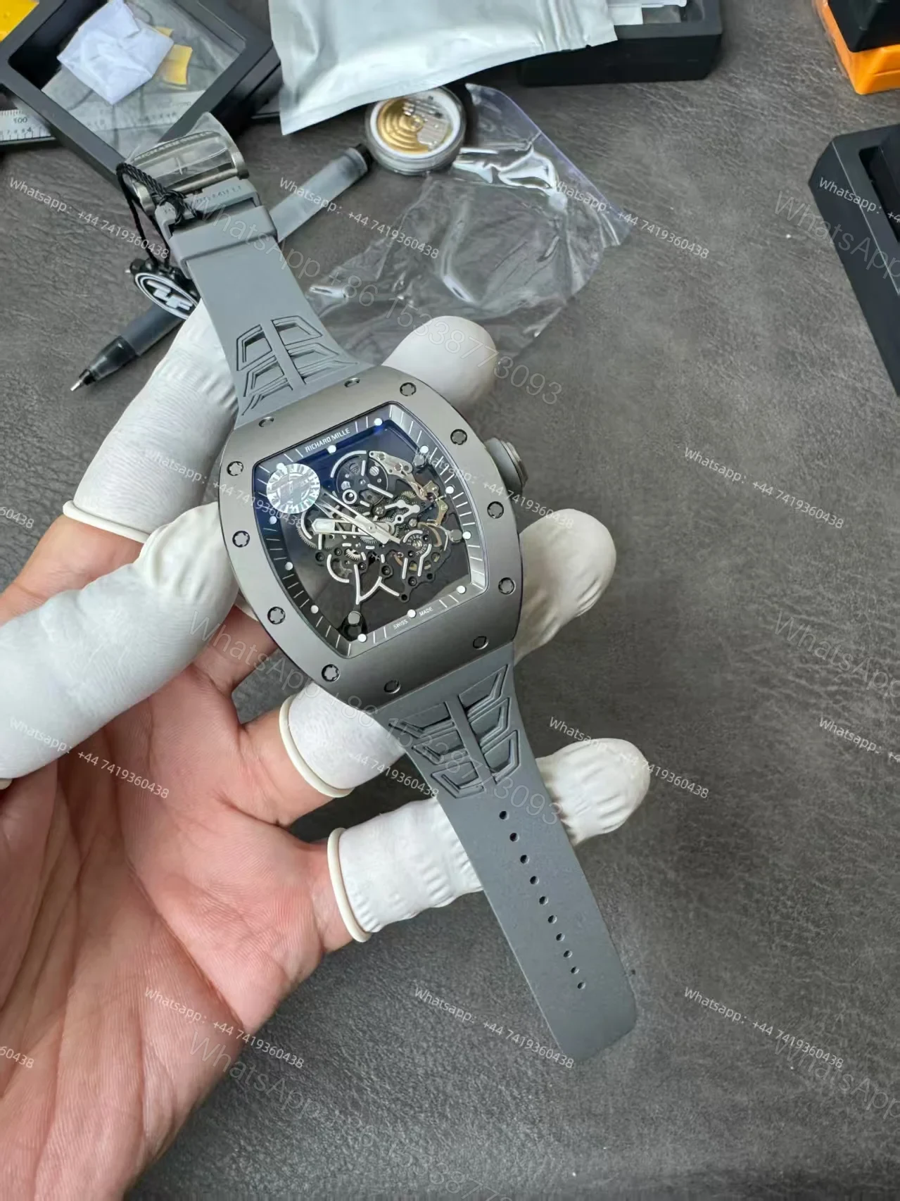 View 16 of Super Clone Richard Mille RM 055 Gray Ceramic Titanium Grey Rubber Strap 1:1 Replica Watch