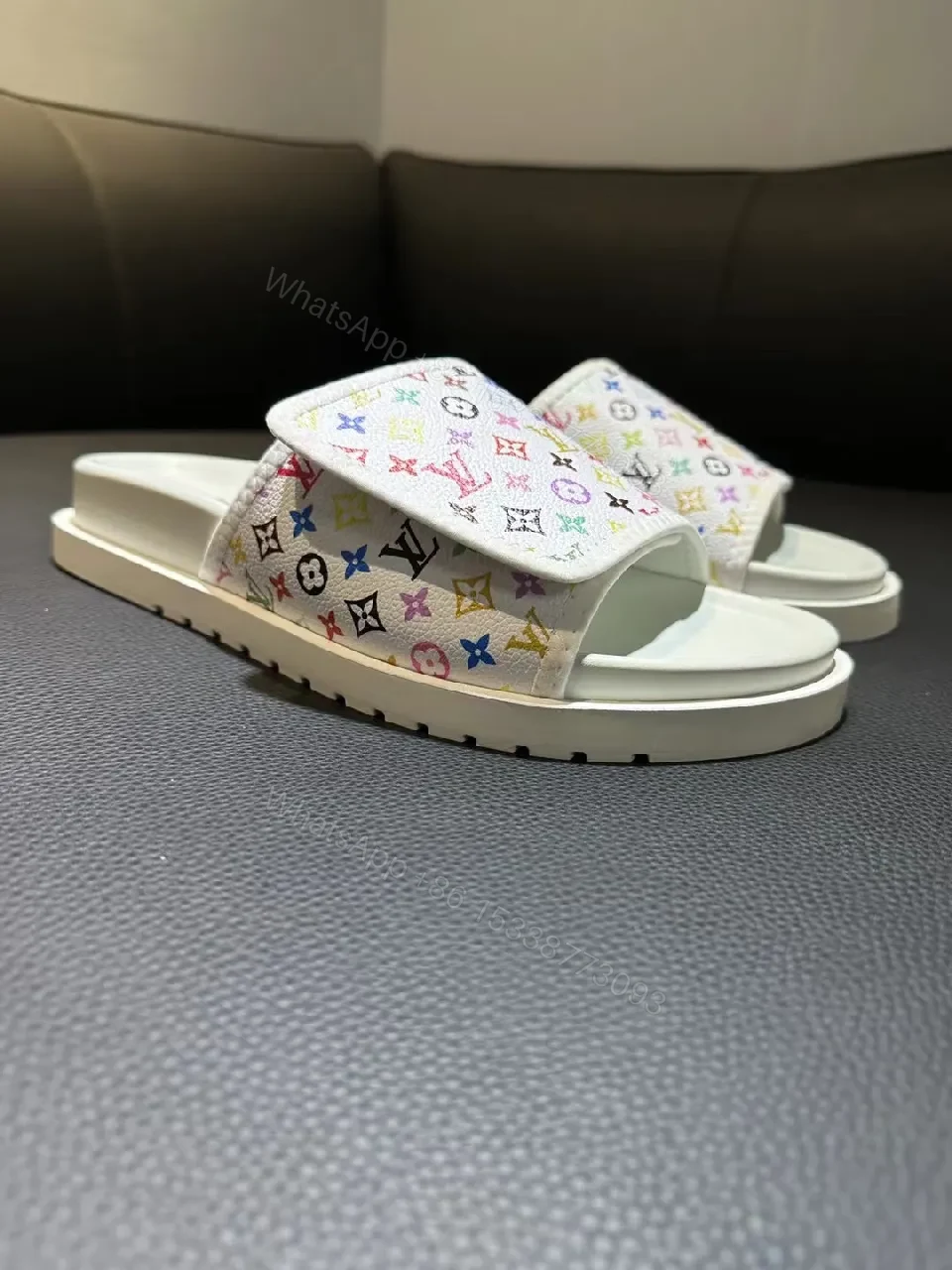 View 3 of Multicolor LV-Patterned Slip-On Sandals with Cushioned Comfort