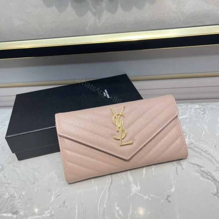 View 3 of Soft Pink Quilted Wallet with Gold YSL Logo | Compact Luxury Wallet