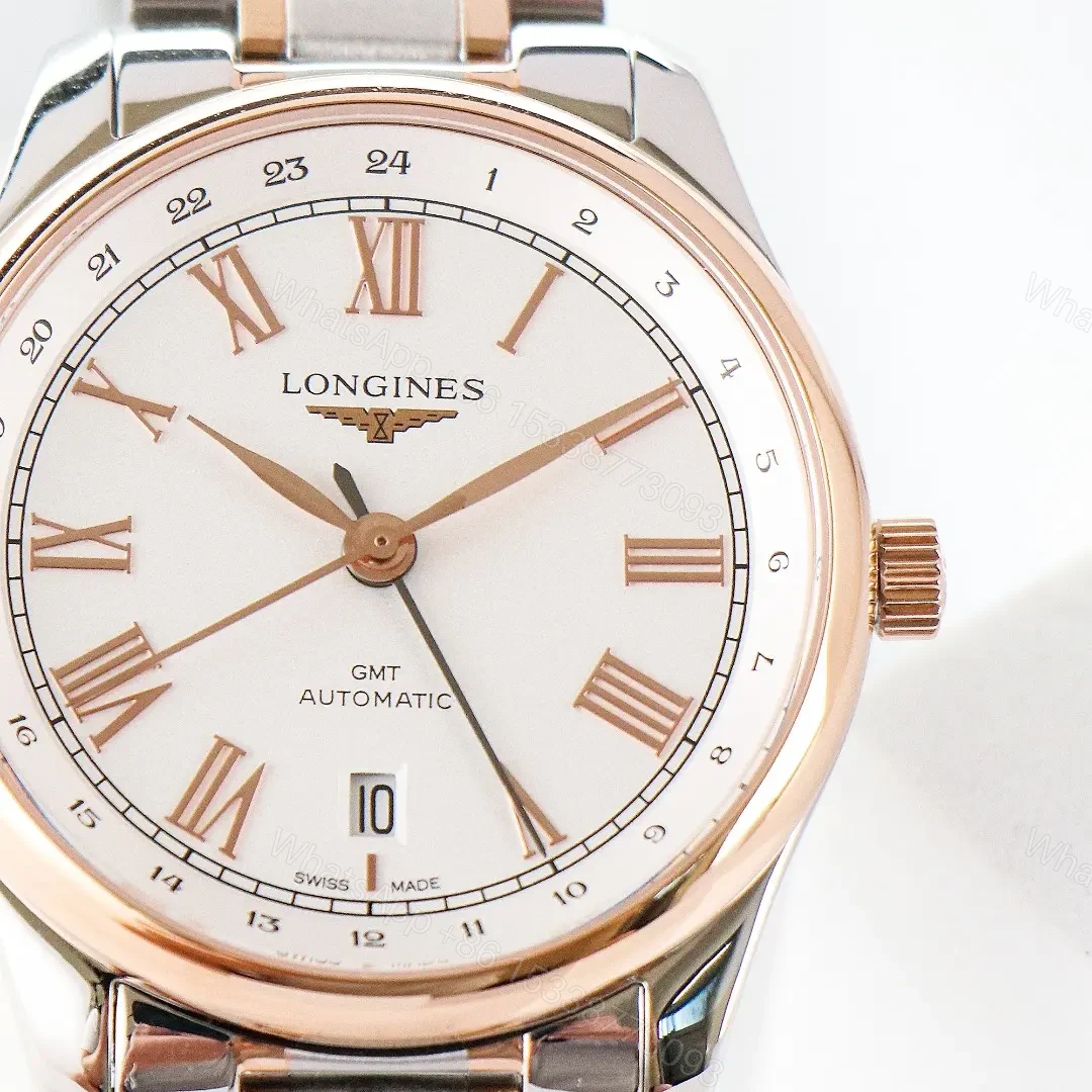 View 3 of Longines Master Classic Re Edition GMT Two Time Zone Watch White Dial Two Tone Stainless Steel and Rose Gold Bracelet 40mm Case Italian Grey Leather Strap Option