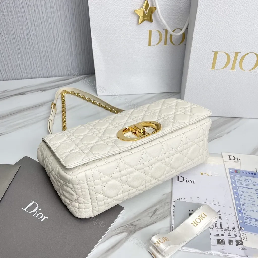 View 3 of Ivory Quilted Leather Shoulder Bag with Gold Hardware