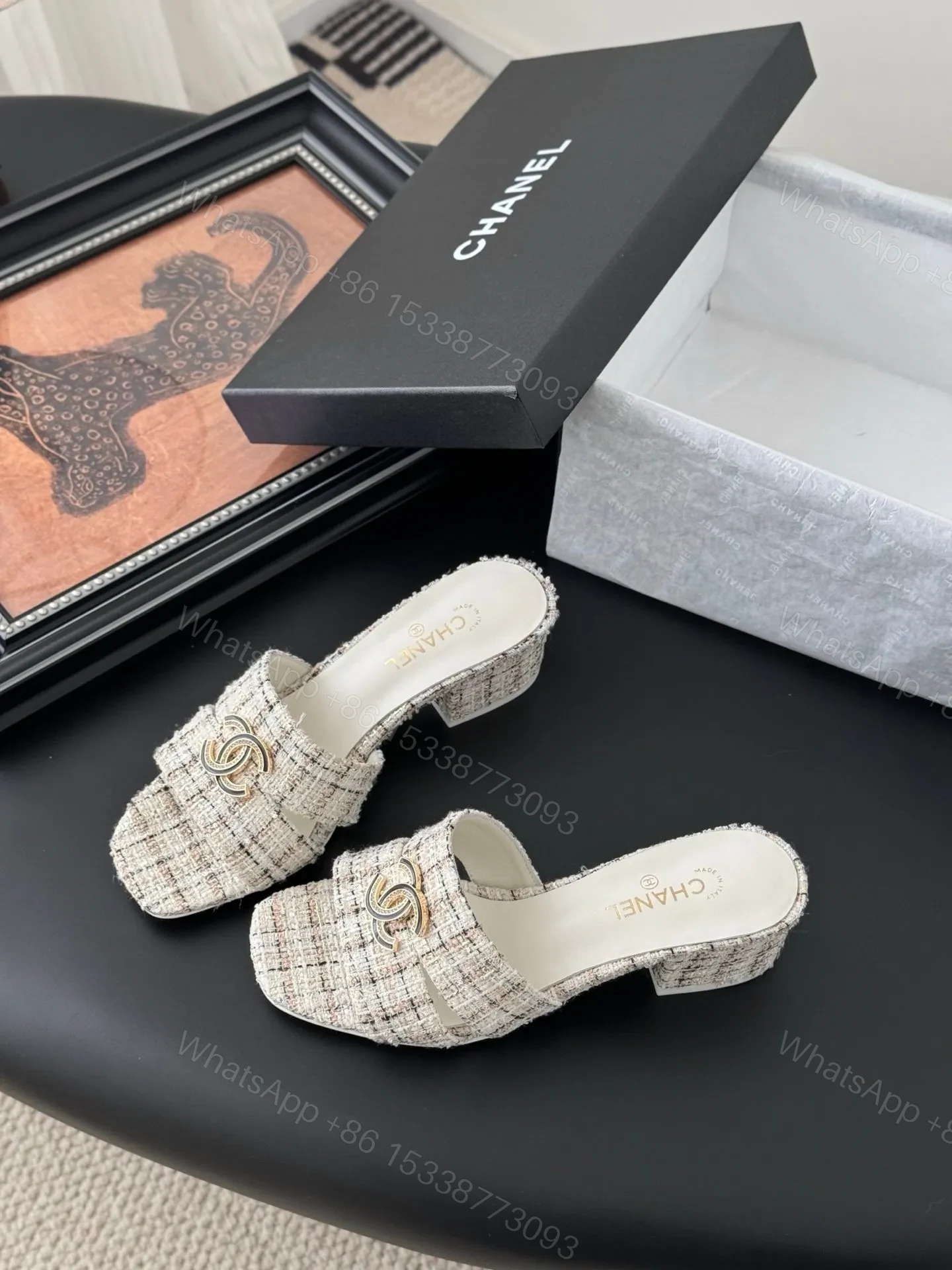View 2 of Chanel Women Cream Tweed Slides