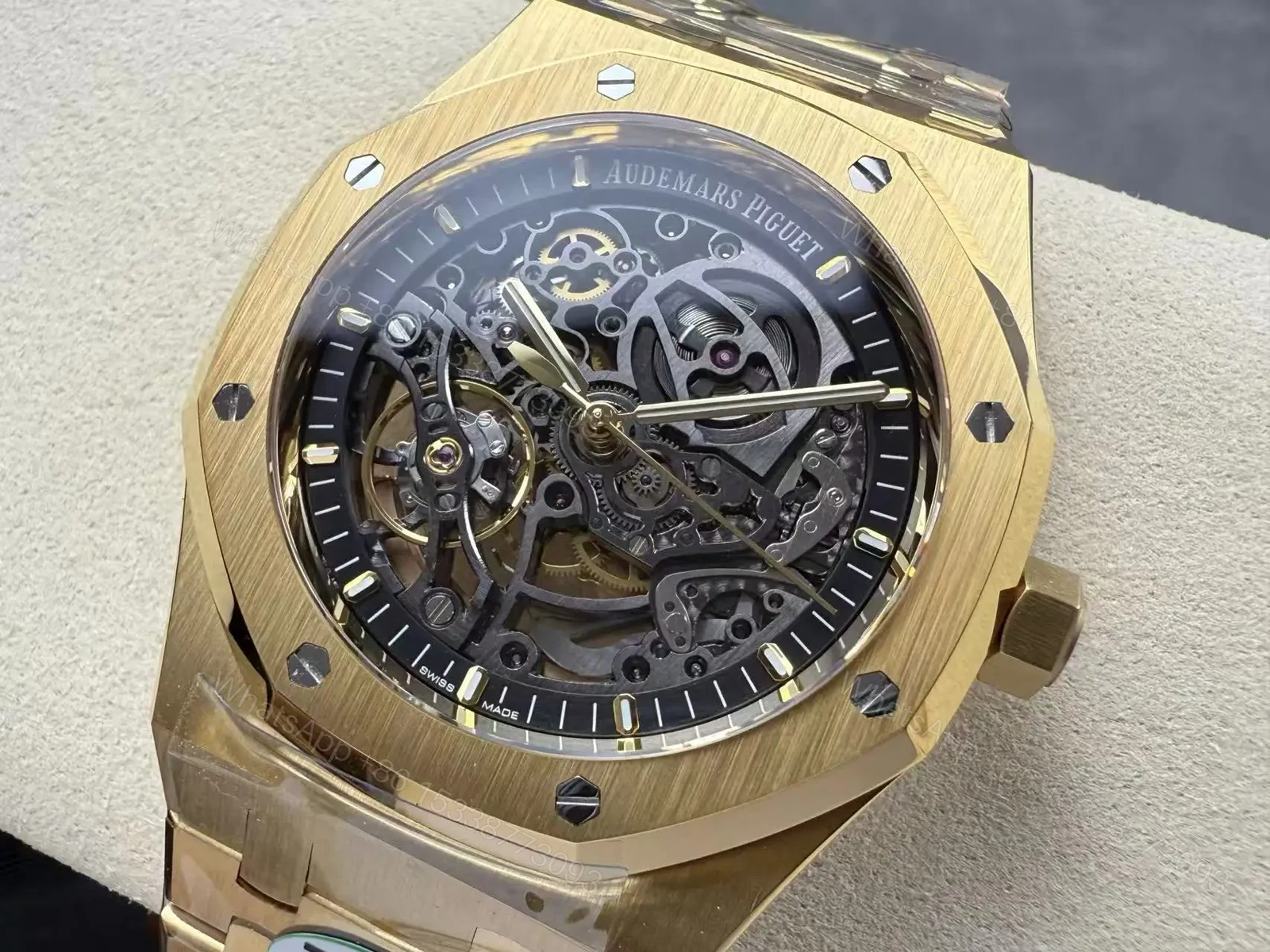 View 22 of Replica Audemars Piguet Royal Oak Openworked 15407 Yellow Skeleton Dial