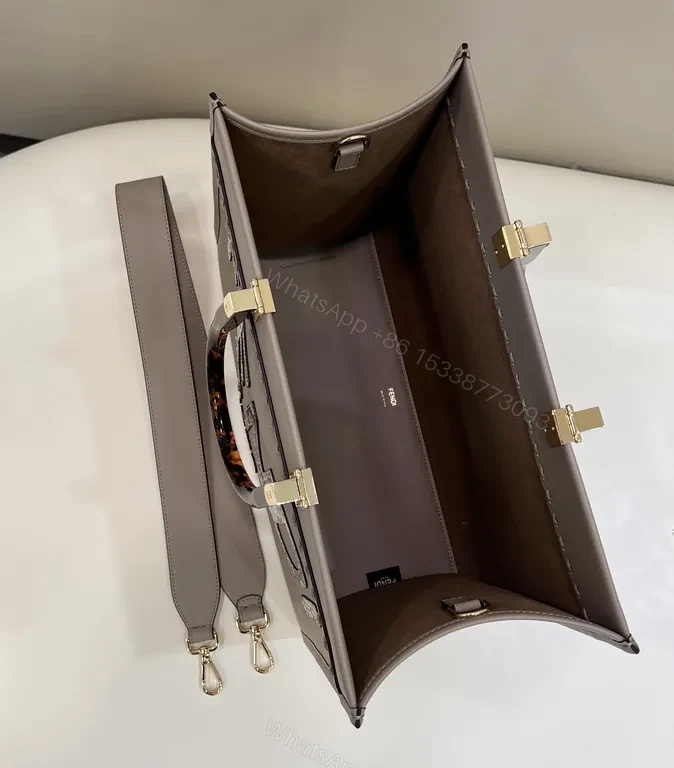View 7 of Taupe Structured Tote with Fendi Flair â€” Crystal Logo Carryall
