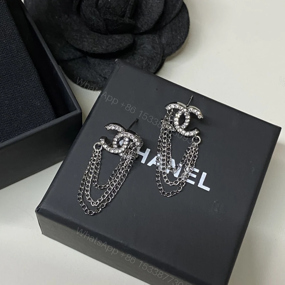 View 6 of CHANEL STUD EARRINGS WITH CRYSTAL AND MULTI CHAIN IN SILVER TONE