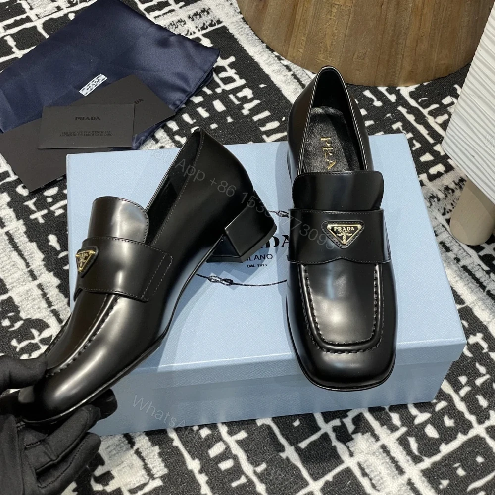 View 4 of 高仿Prada*1D831A方頭套腳樂福鞋3.5CM小牛皮黑色免檢版