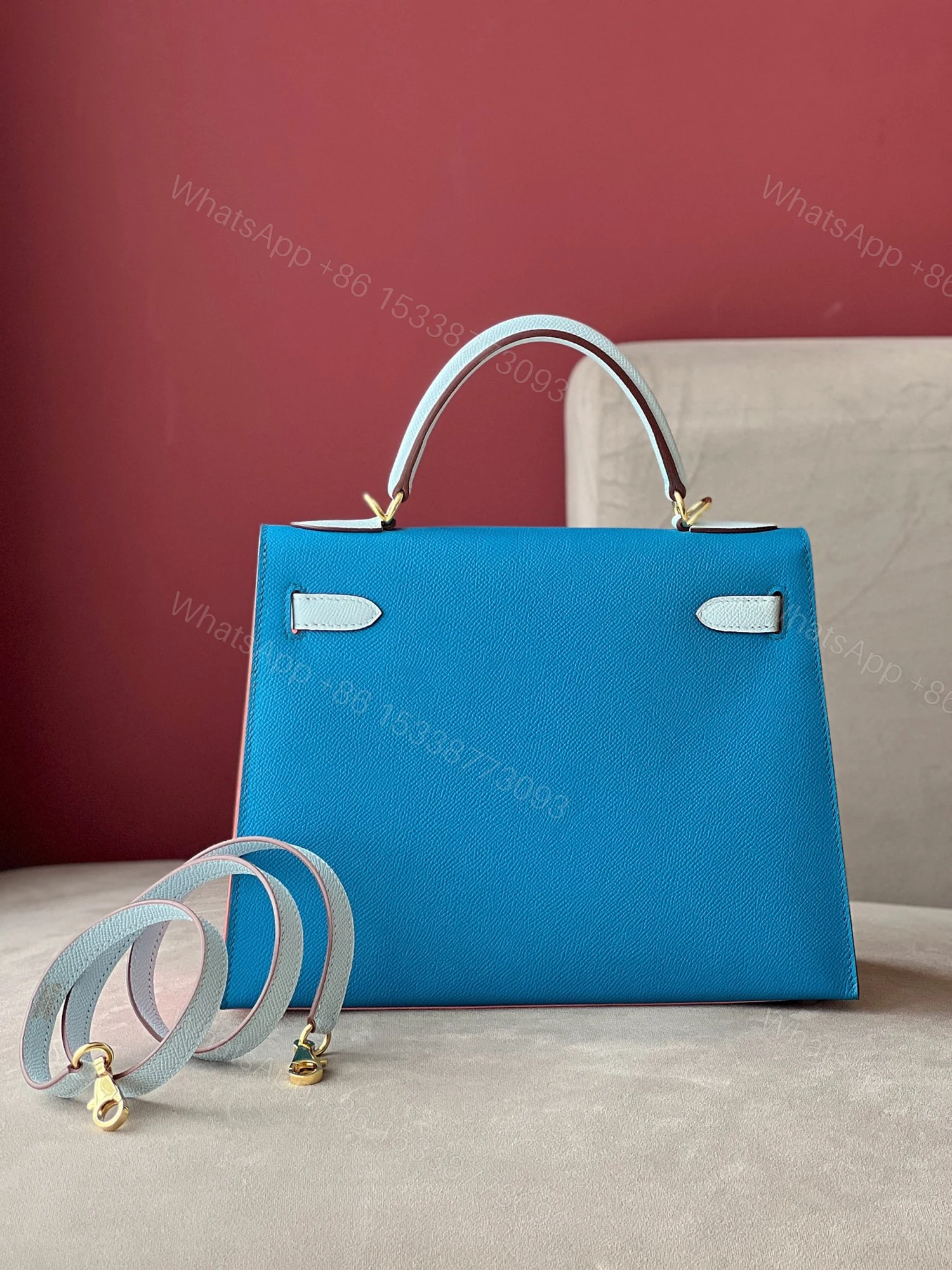 View 5 of Hermes Kelly 28 Epsom Light Blue/ Electric Blue/Rose Pink Gold Hardware