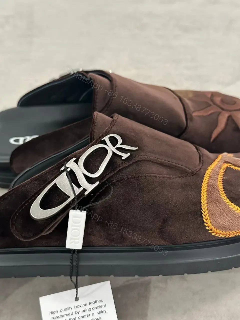 View 2 of Brown Suede Leather Slippers Quilted Logo Dior Slide