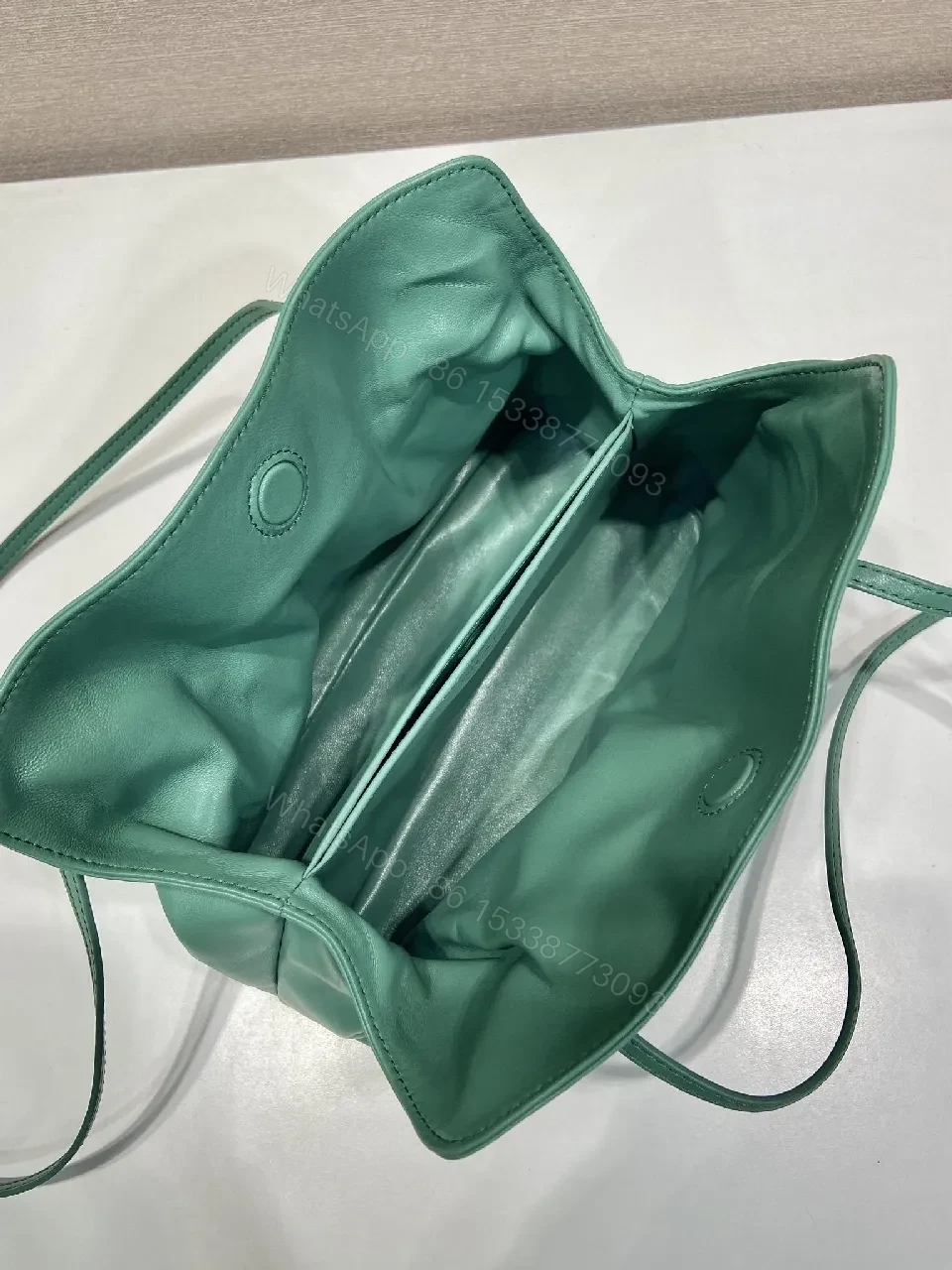 View 4 of Green Leather Drawstring Shoulder Bag - Minimalist Luxe