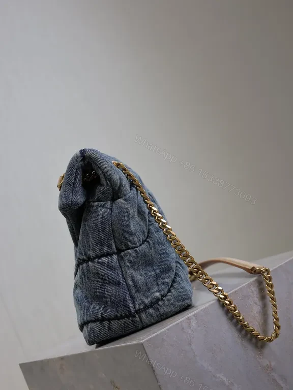 View 4 of Chic Denim Quilted Tote with Gold YSL Accent