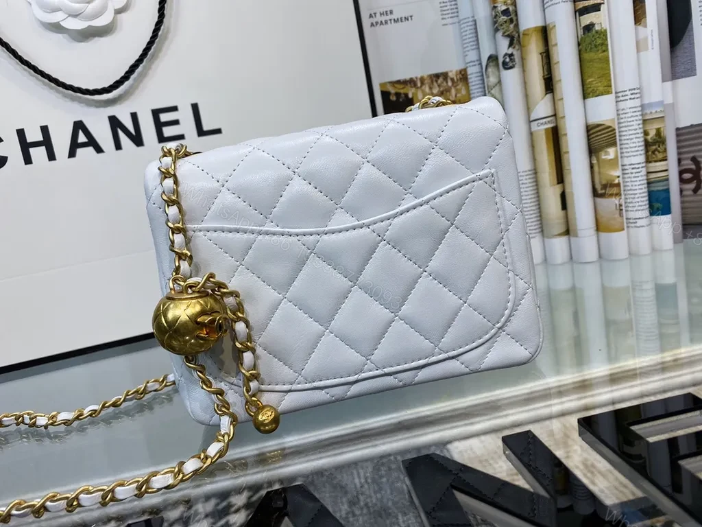 View 6 of Pristine White Quilted Bag with Gold Chain