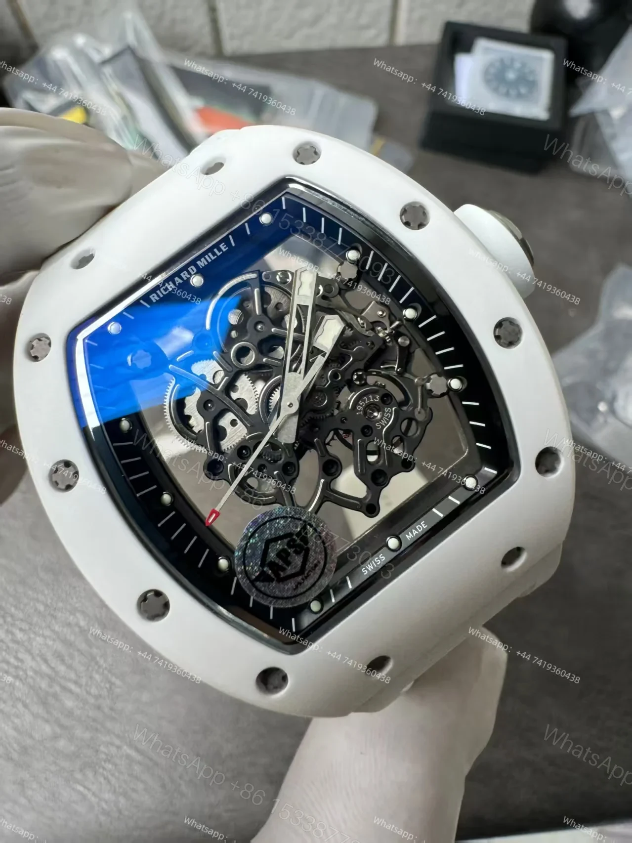 View 10 of Super Clone Richard Mille RM 055 White Ceramic Titanium Skeleton White Rubber Strap 1:1 Replica Watch